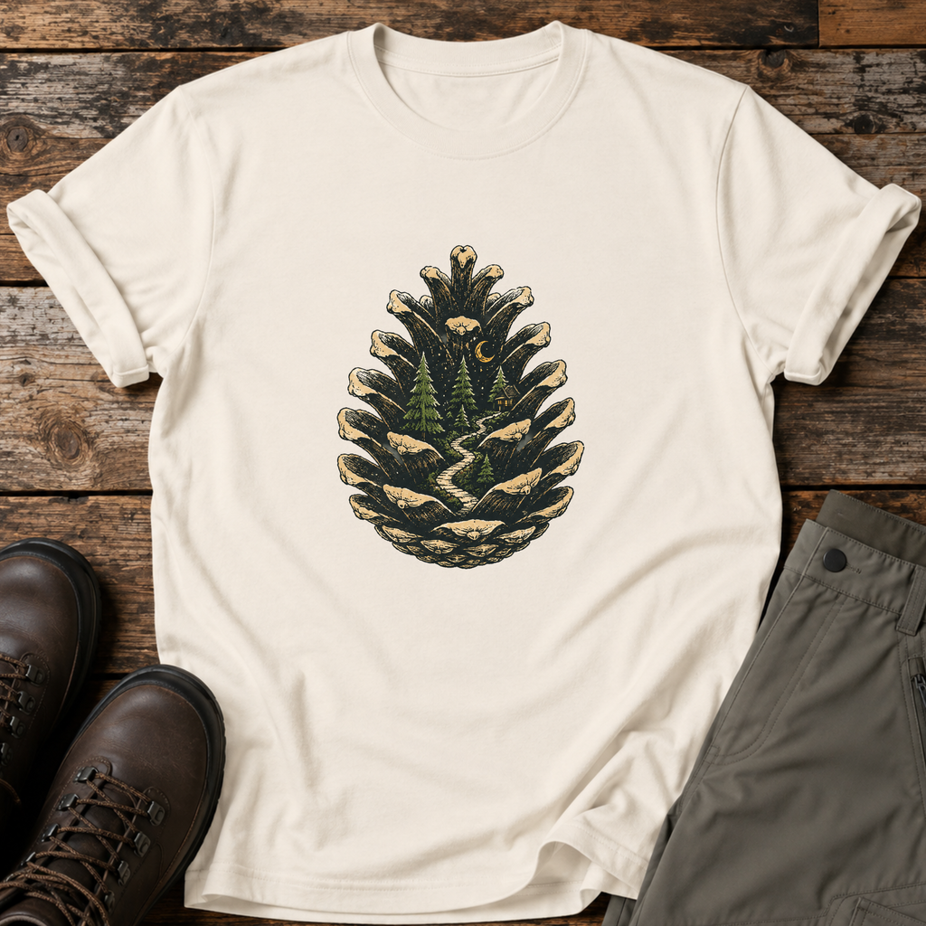 Tannenzapfen mit Waldhütte T-shirt