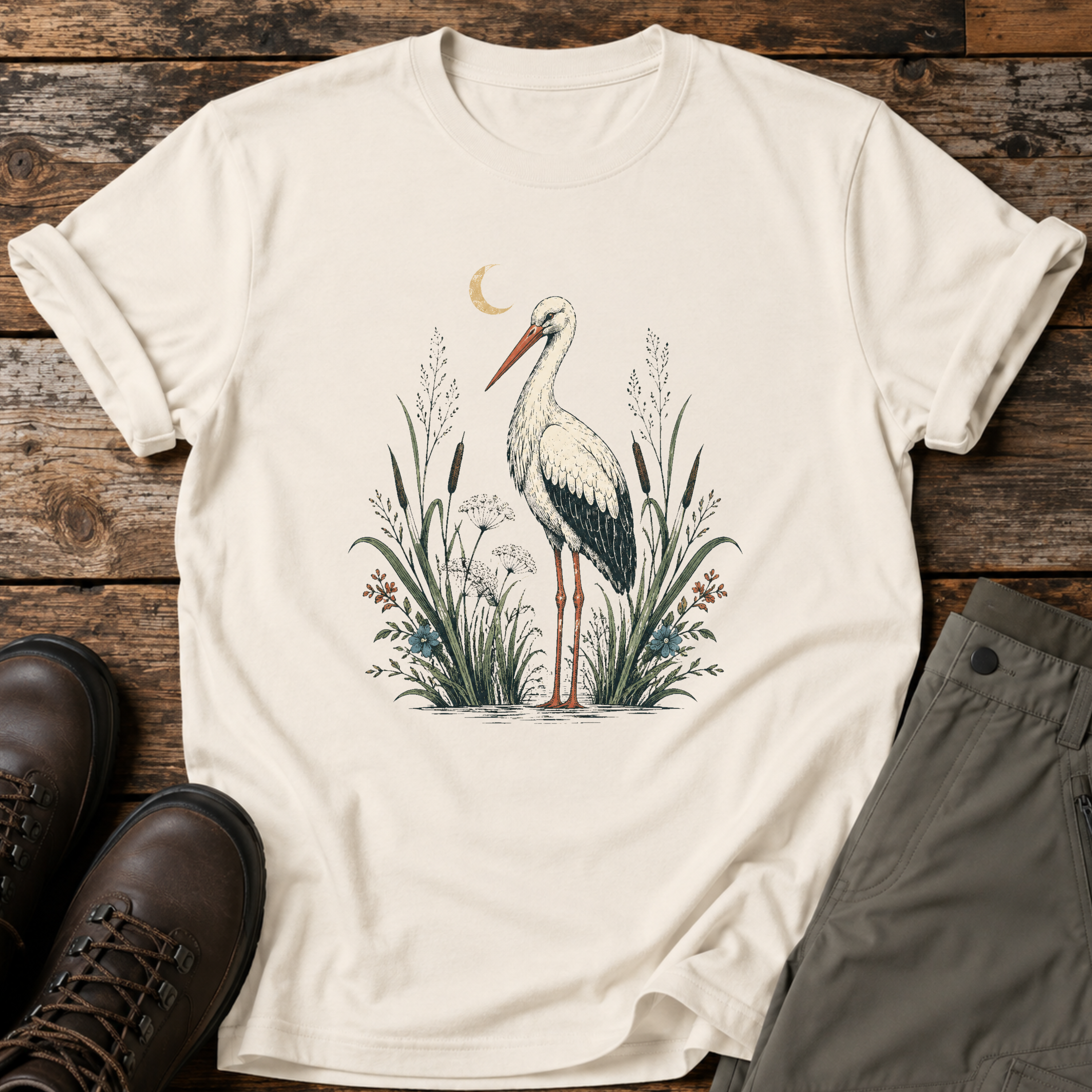 Storch im Schilf bei Nacht T-shirt