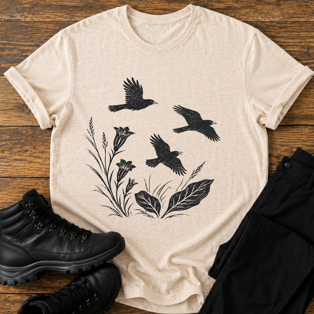 Schwarze Vögel & Glockenblumen T-Shirt