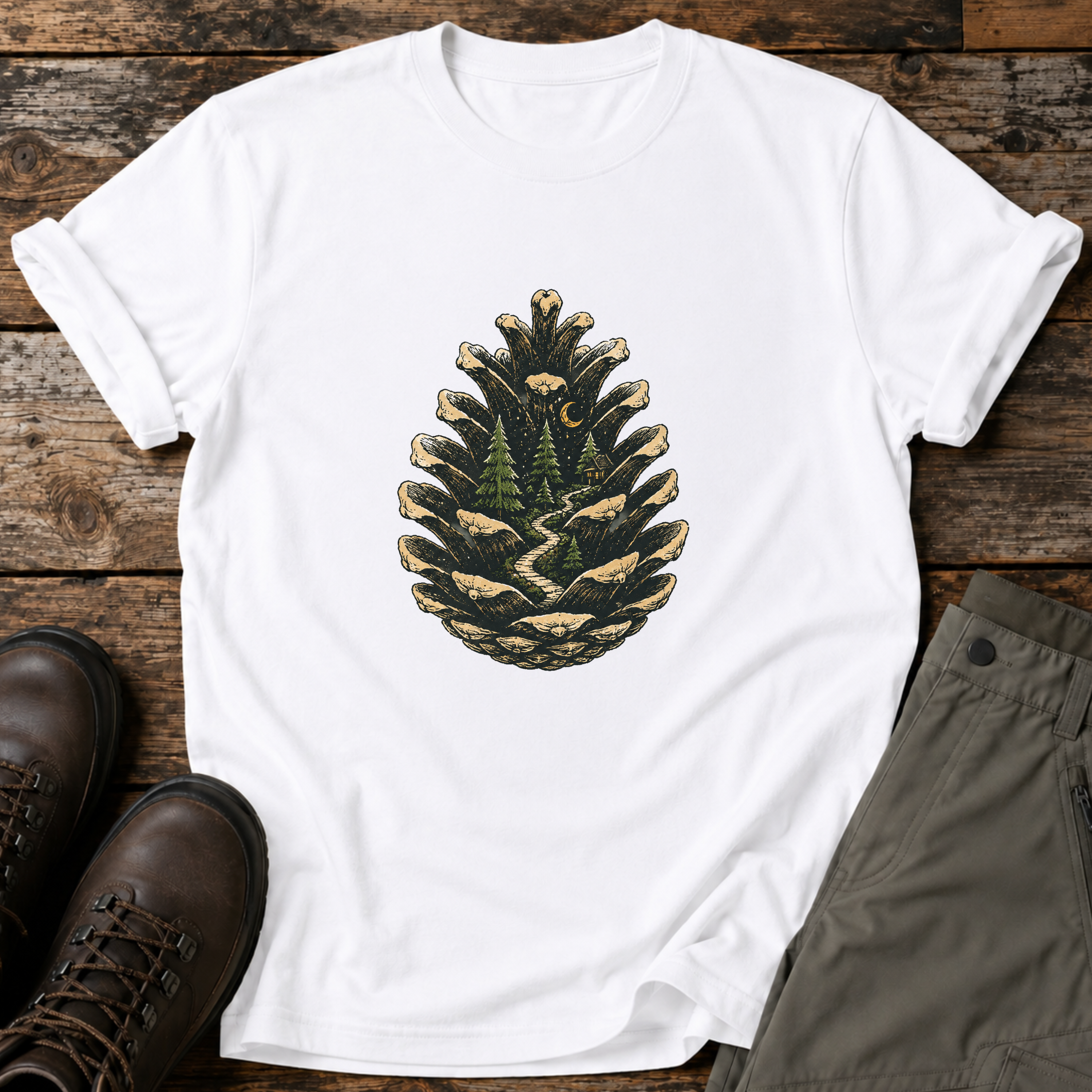 Tannenzapfen mit Waldhütte T-shirt