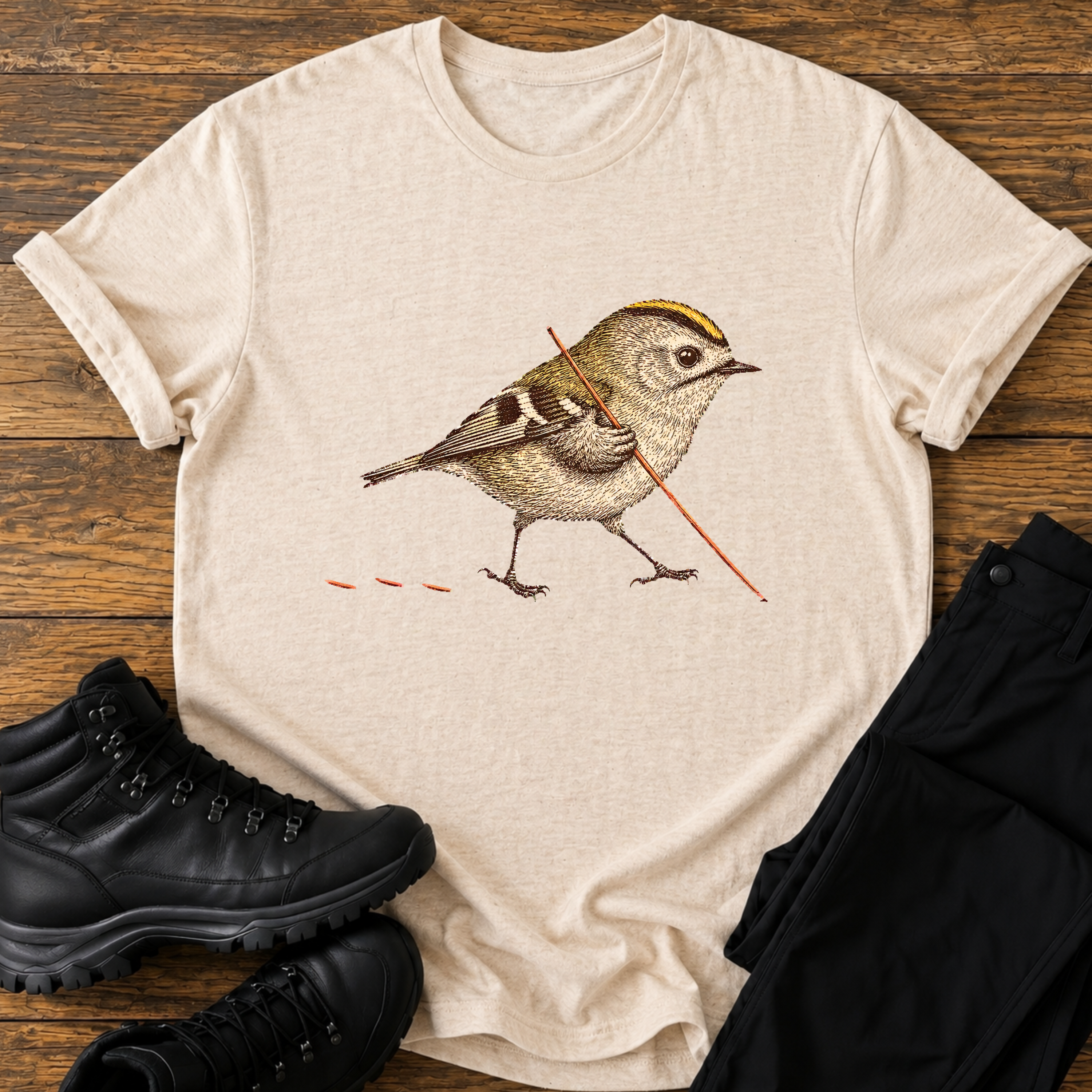 Wintergoldhähnchen mit Wanderstock T-Shirt