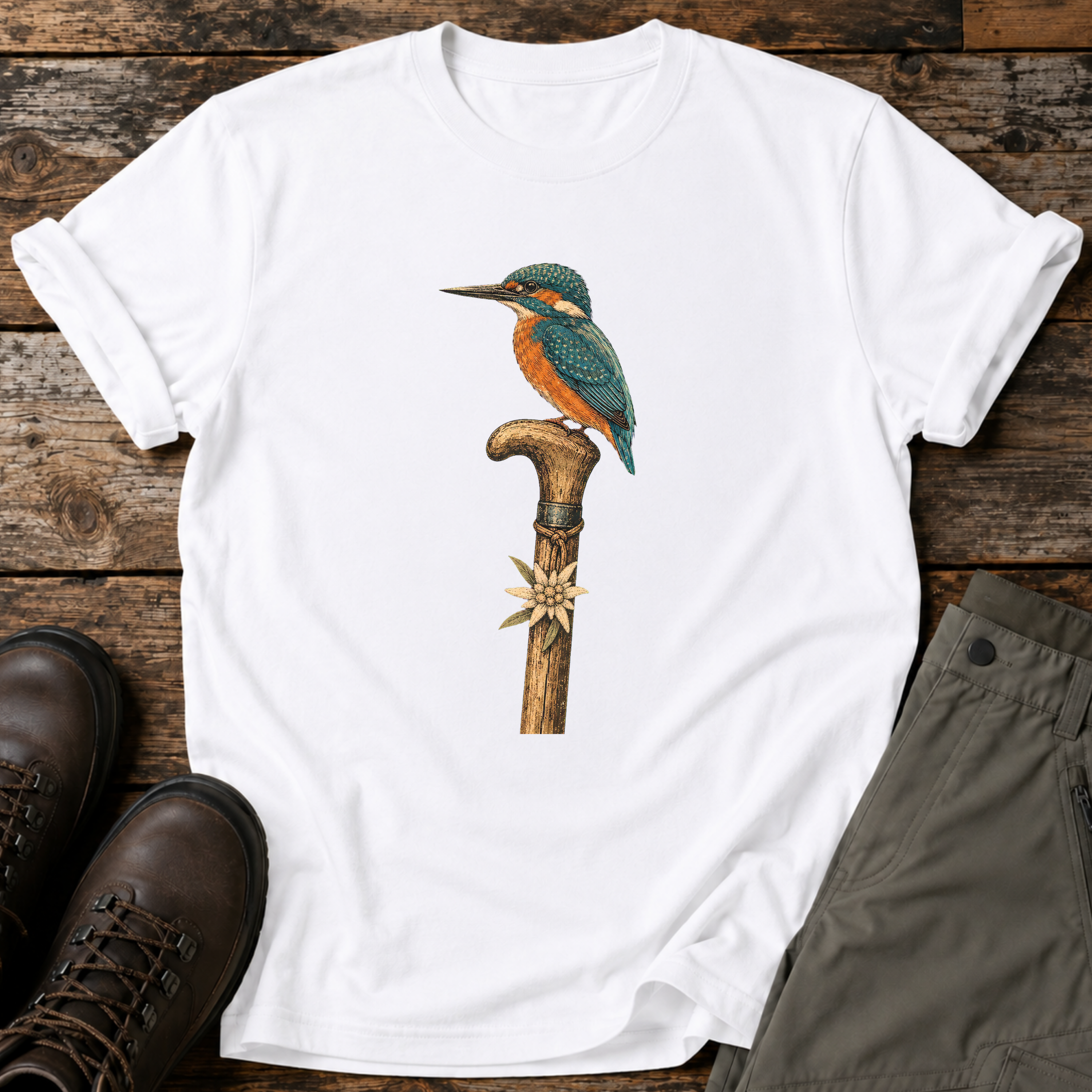 Eisvogel auf Wanderstock T-shirt