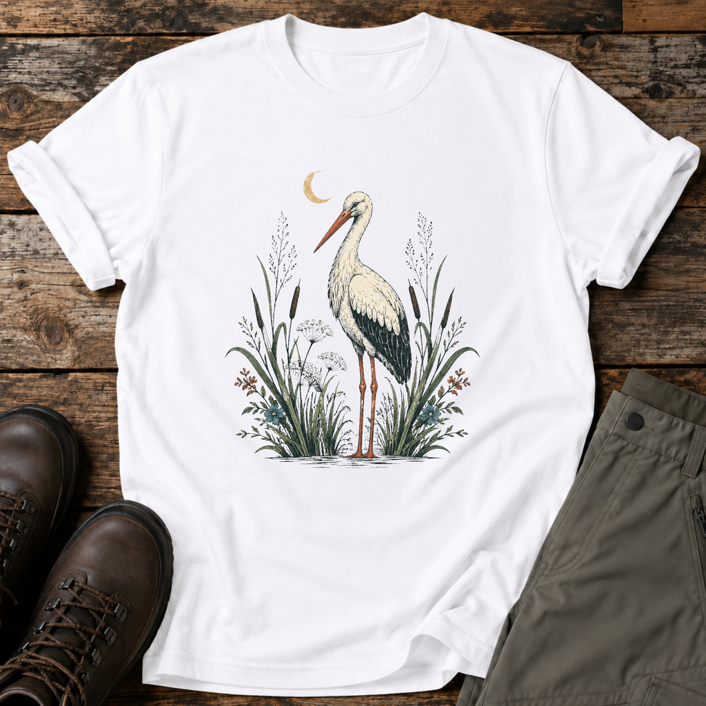Storch im Schilf bei Nacht T-shirt