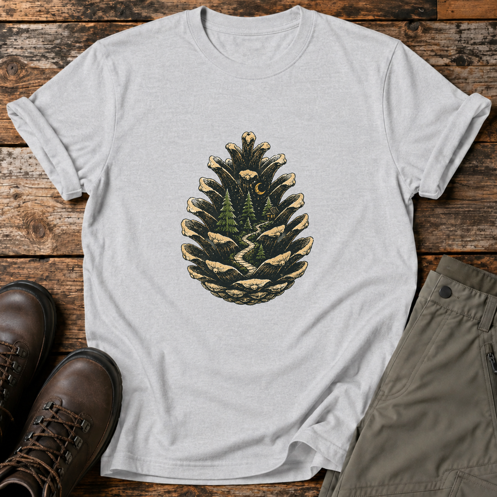 Tannenzapfen mit Waldhütte T-shirt