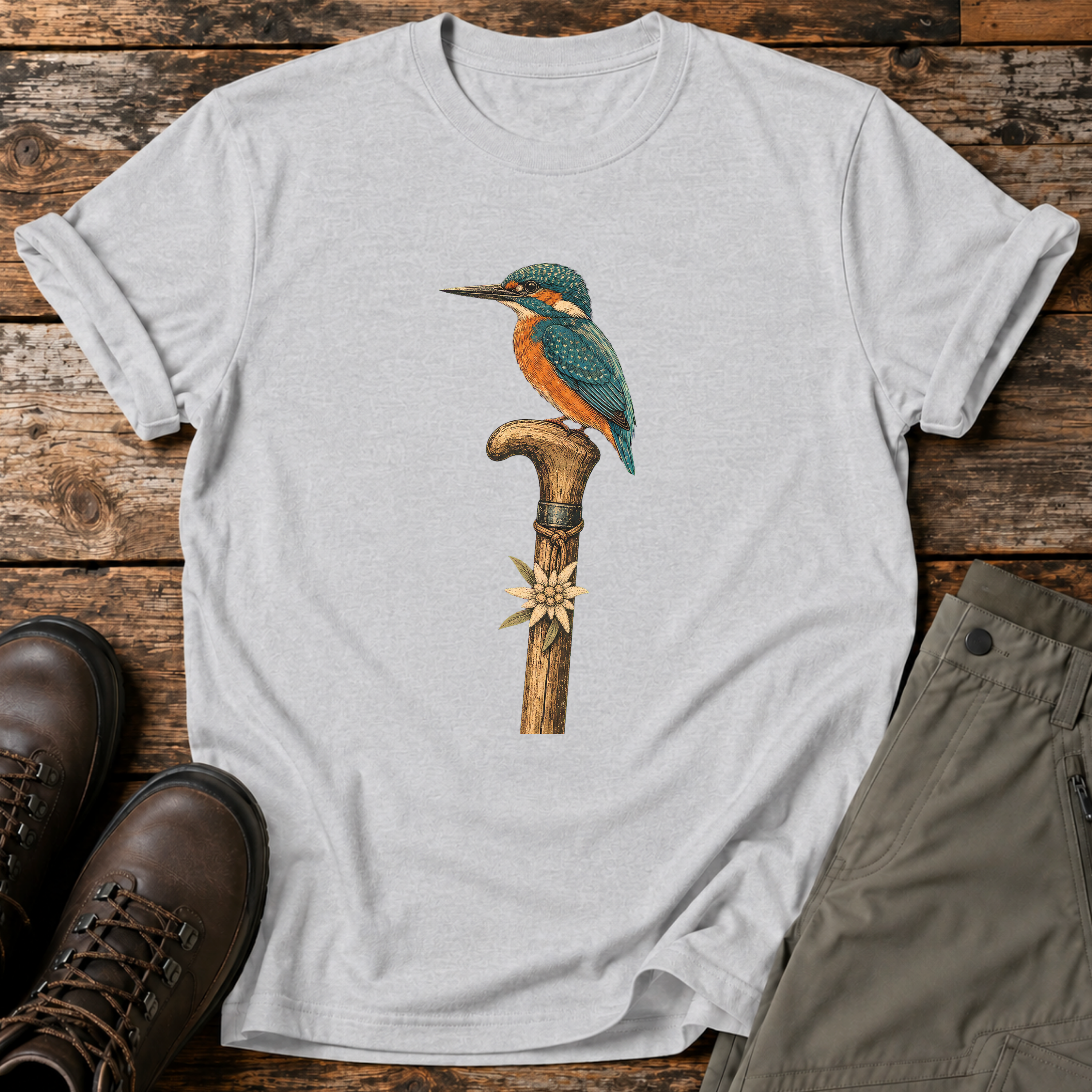 Eisvogel auf Wanderstock T-shirt