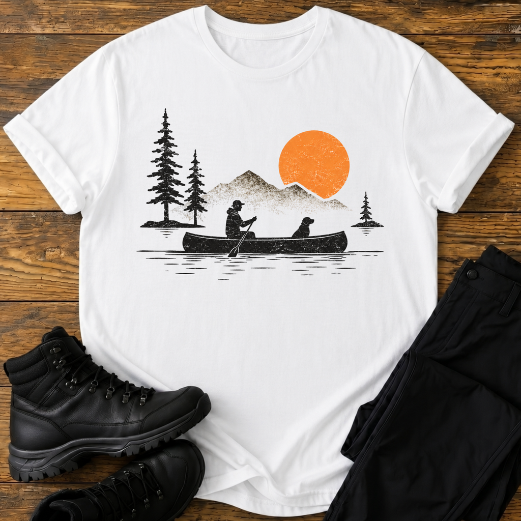Kanu-Sonnenuntergang mit Hund T-Shirt