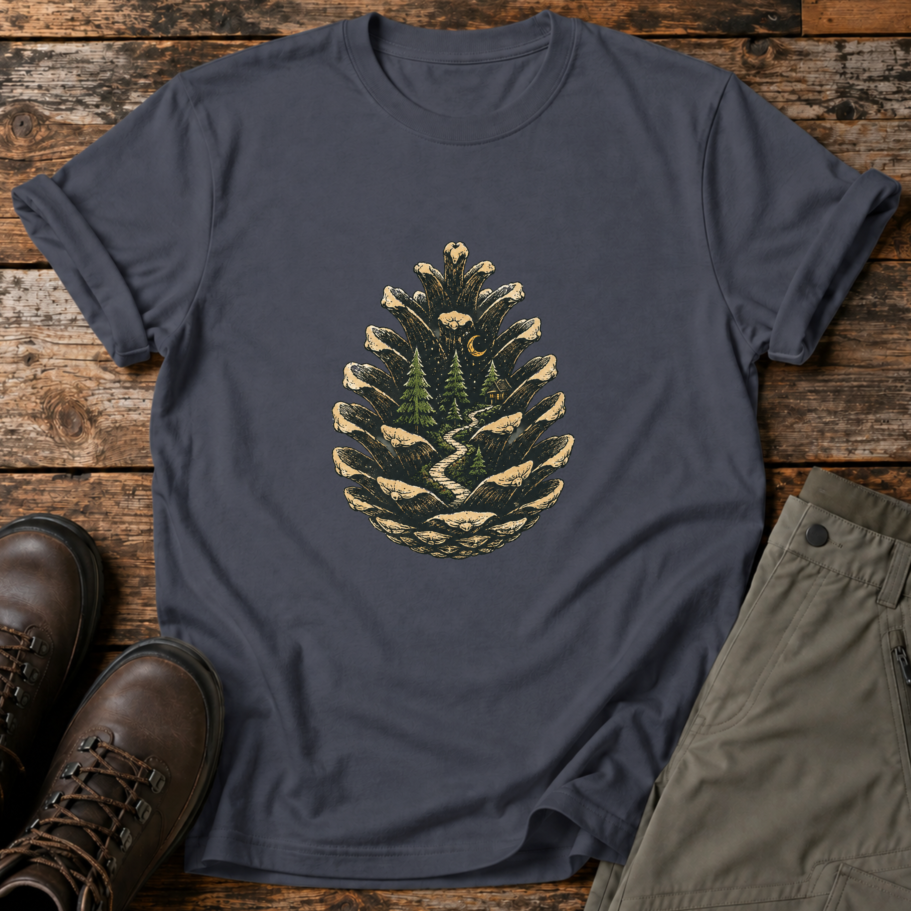 Tannenzapfen mit Waldhütte T-shirt