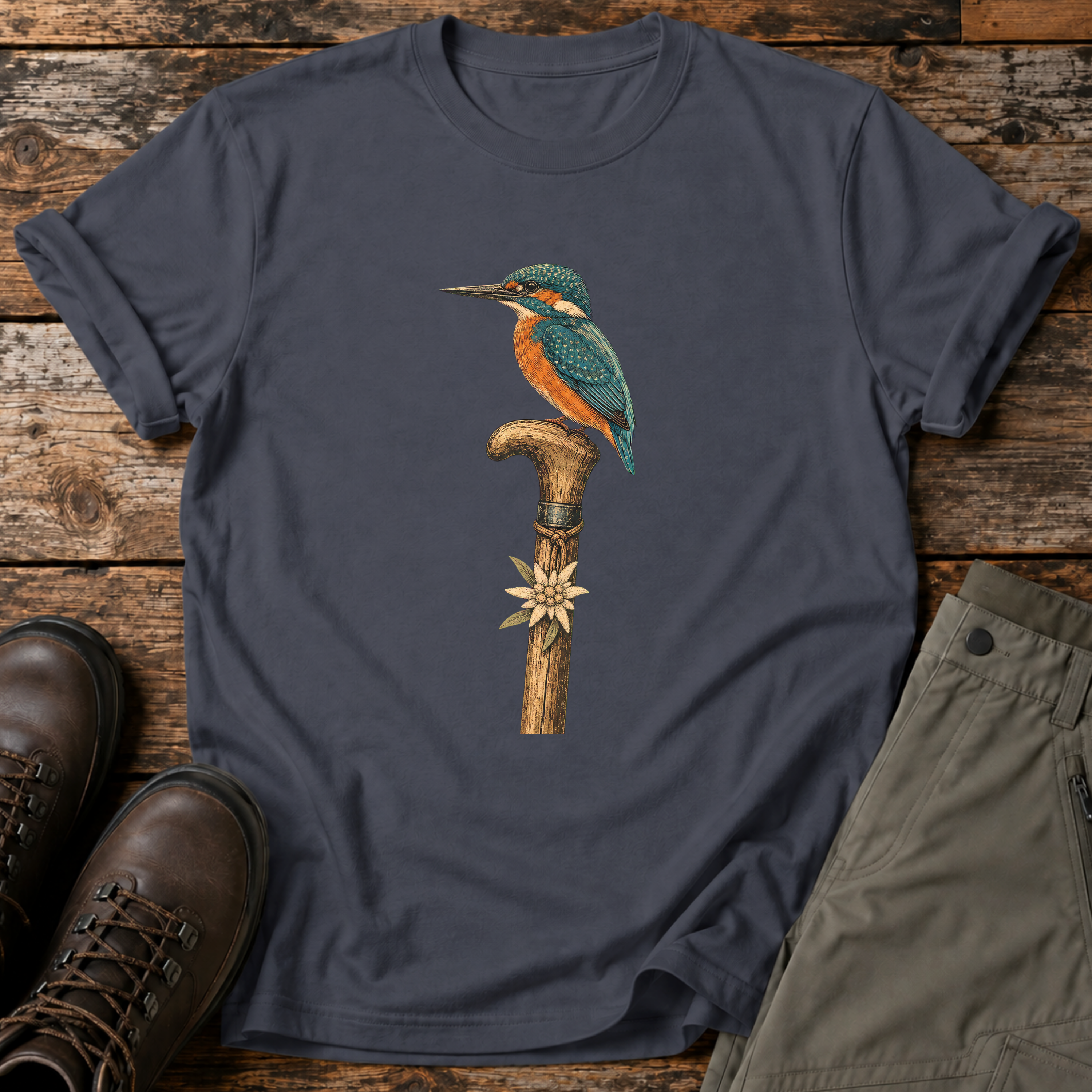 Eisvogel auf Wanderstock T-shirt