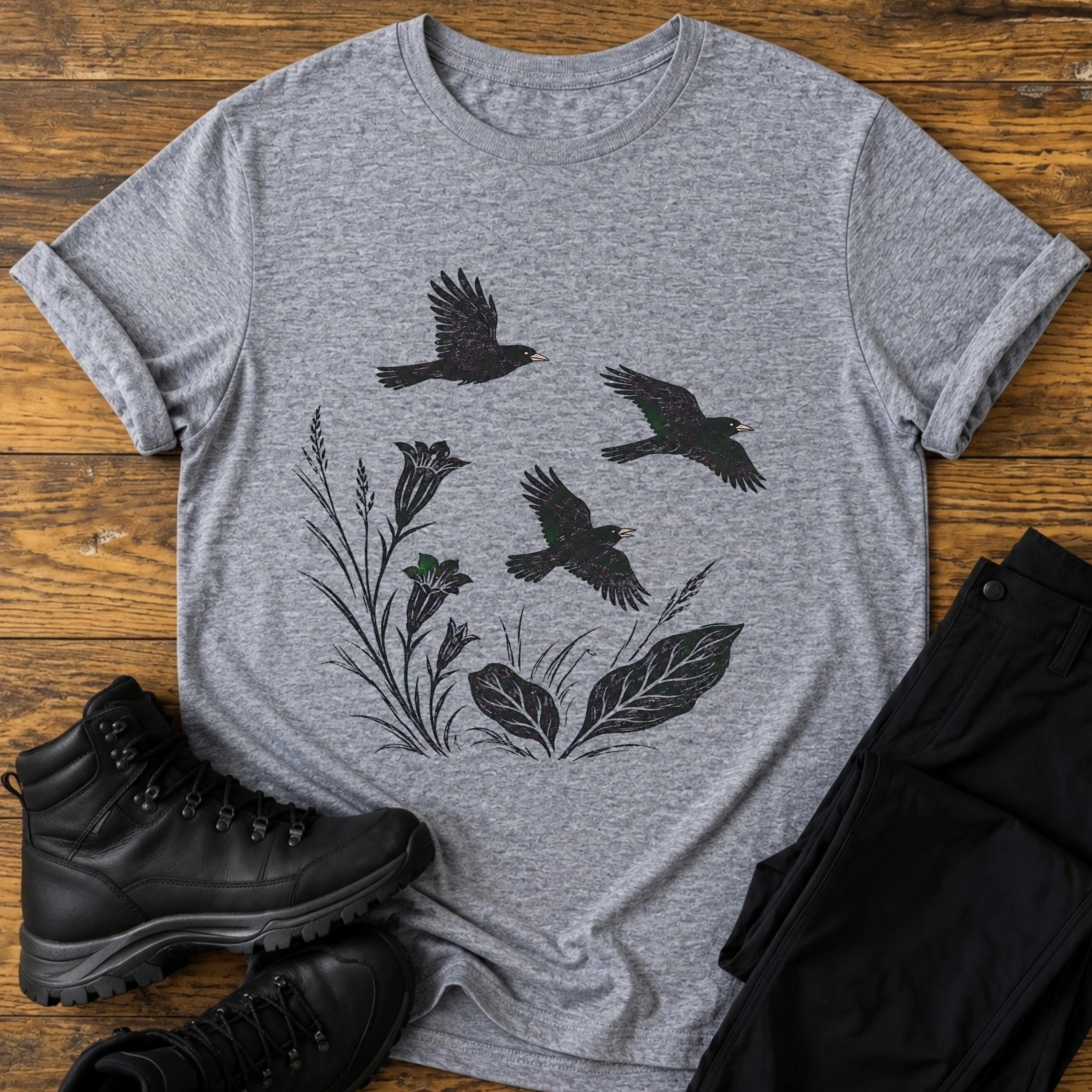 Schwarze Vögel & Glockenblumen T-Shirt