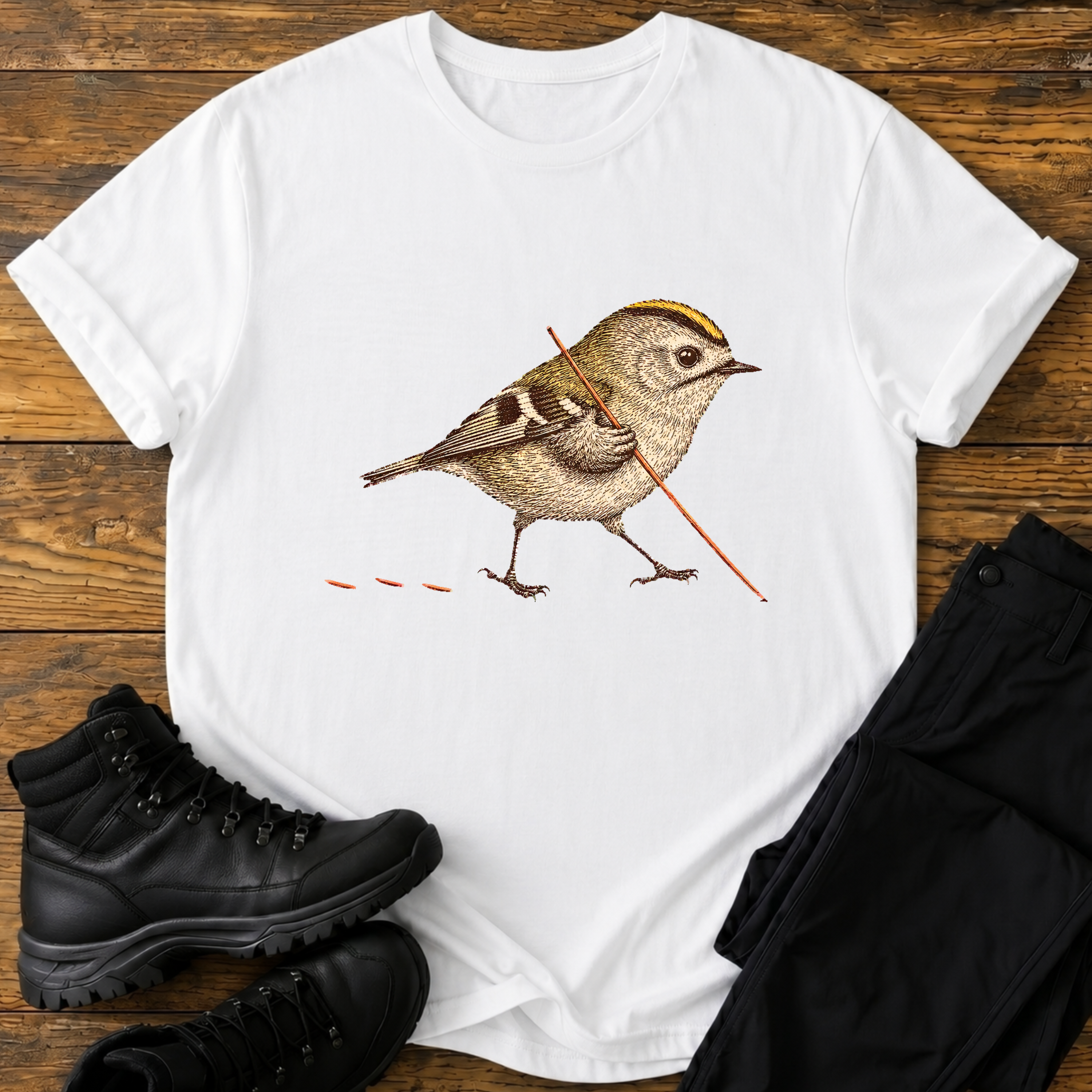 Wintergoldhähnchen mit Wanderstock T-Shirt