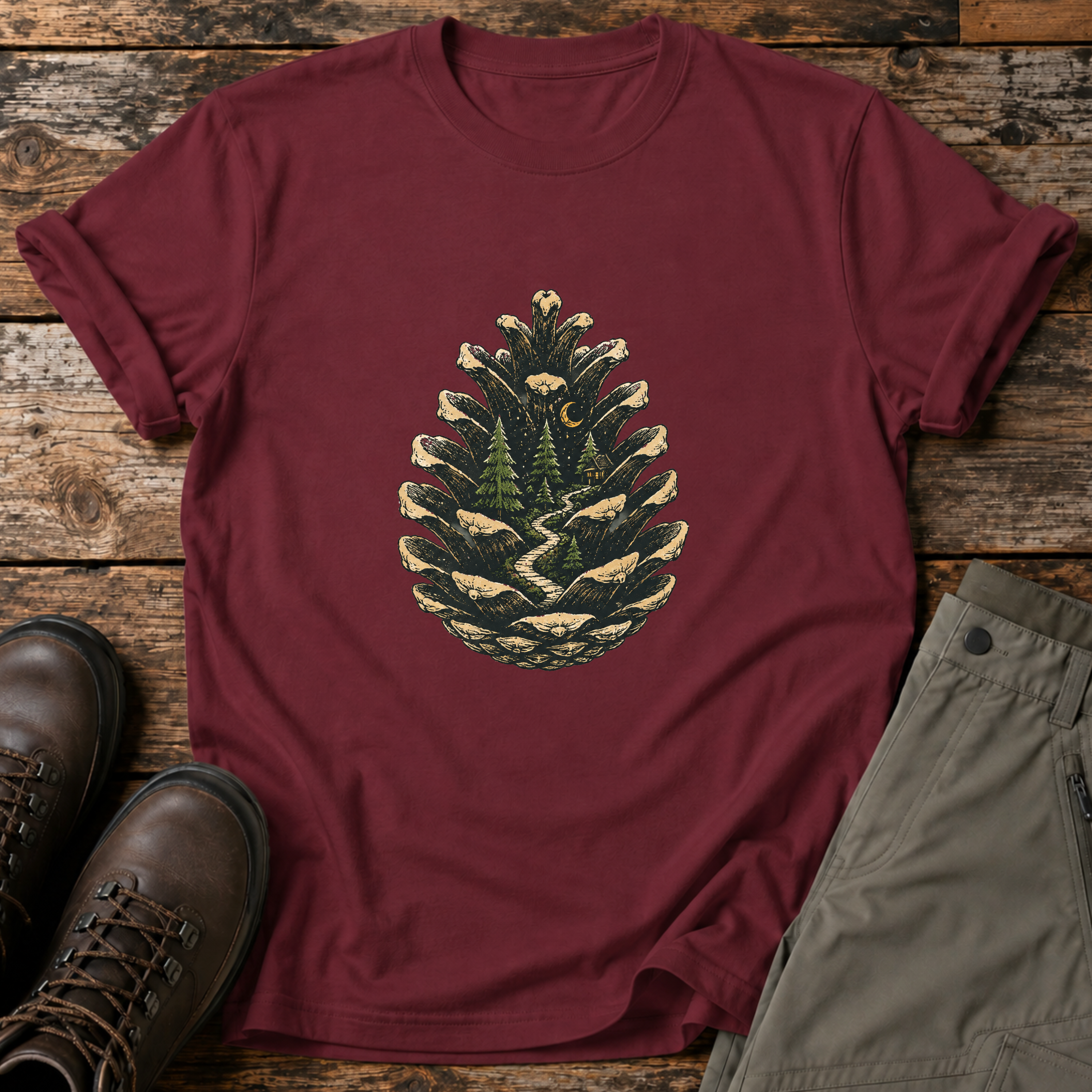 Tannenzapfen mit Waldhütte T-shirt