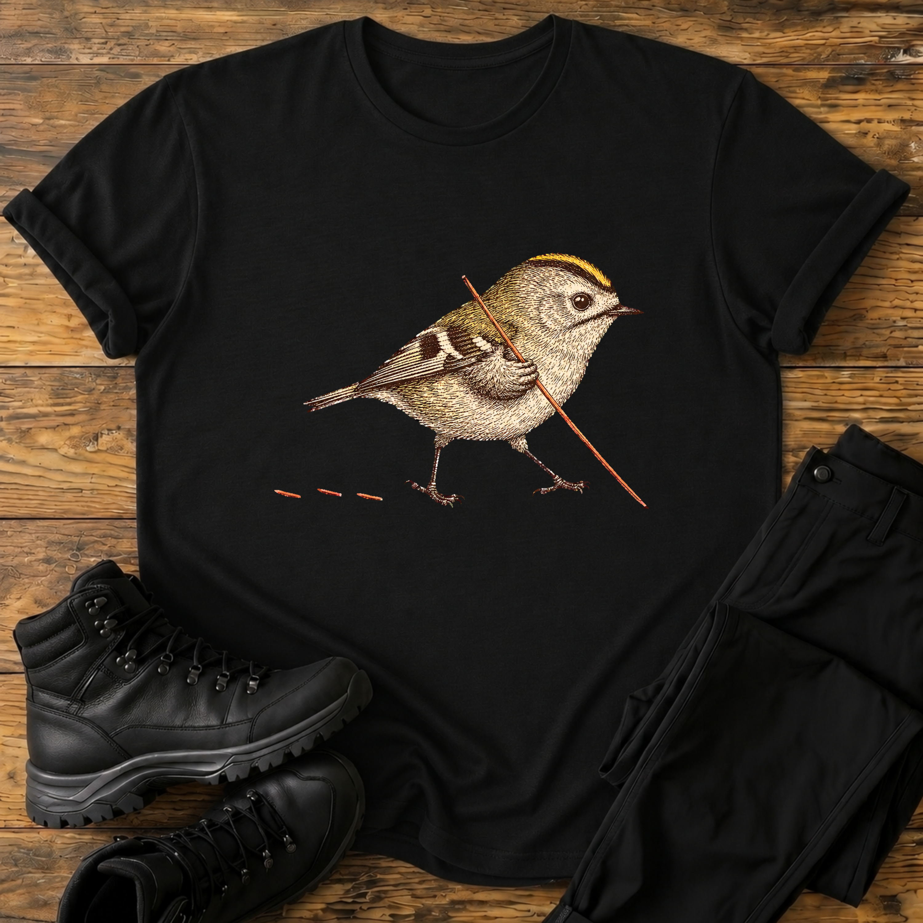 Wintergoldhähnchen mit Wanderstock T-Shirt
