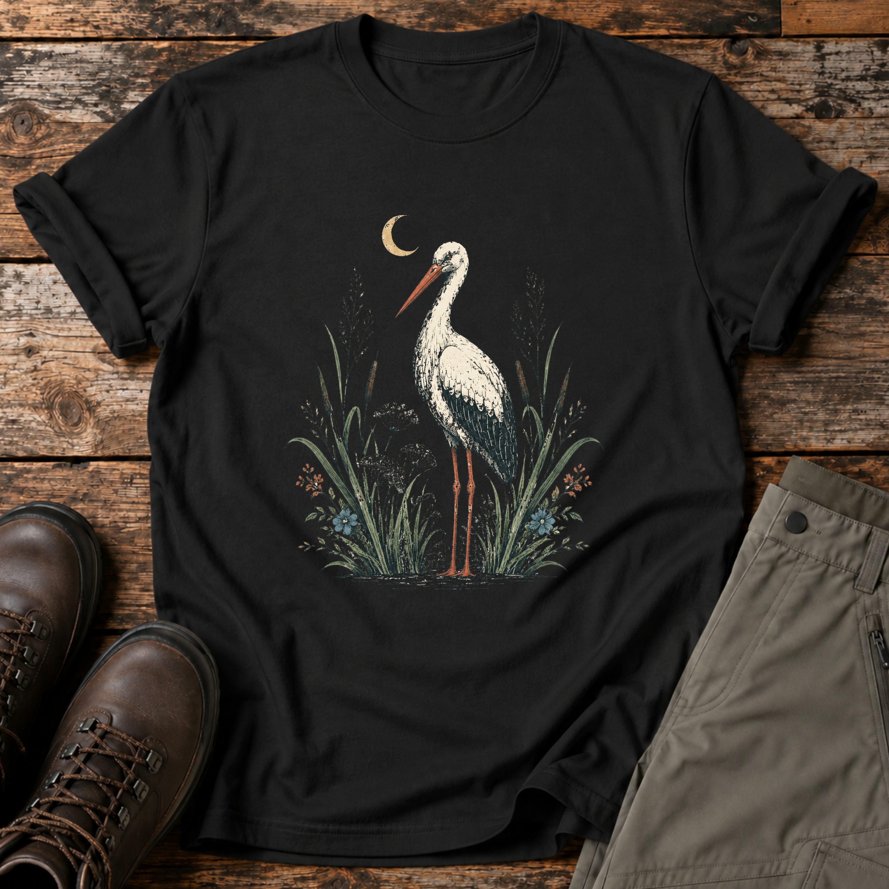 Storch im Schilf bei Nacht T-shirt