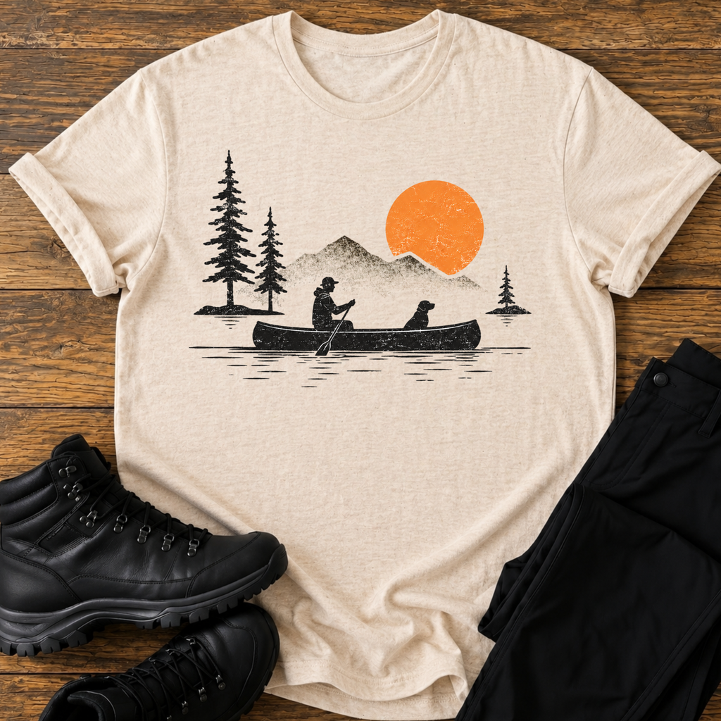 Kanu-Sonnenuntergang mit Hund T-Shirt