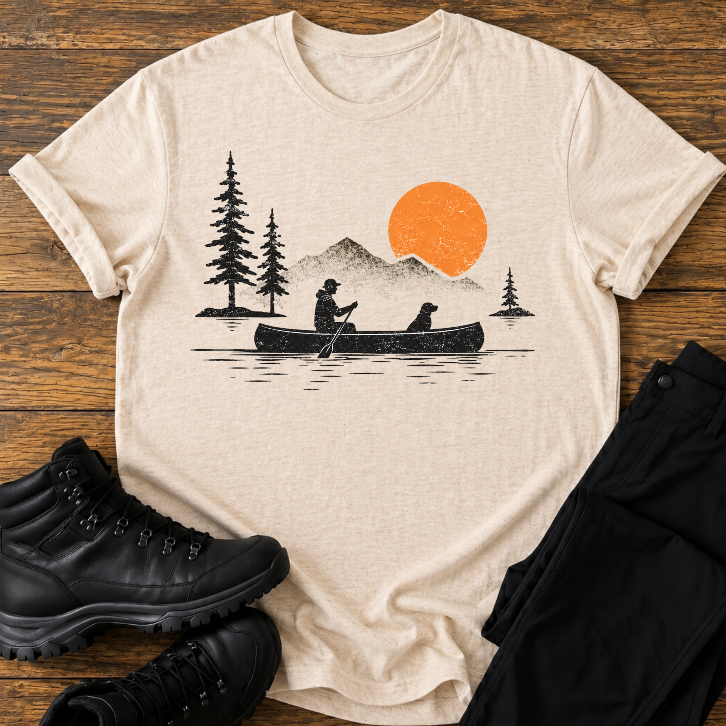 Kanu-Sonnenuntergang mit Hund T-Shirt