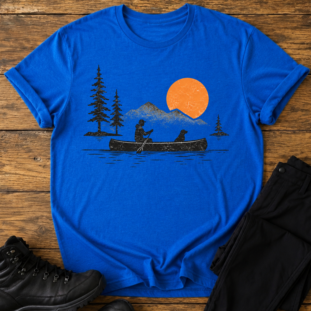 Kanu-Sonnenuntergang mit Hund T-Shirt