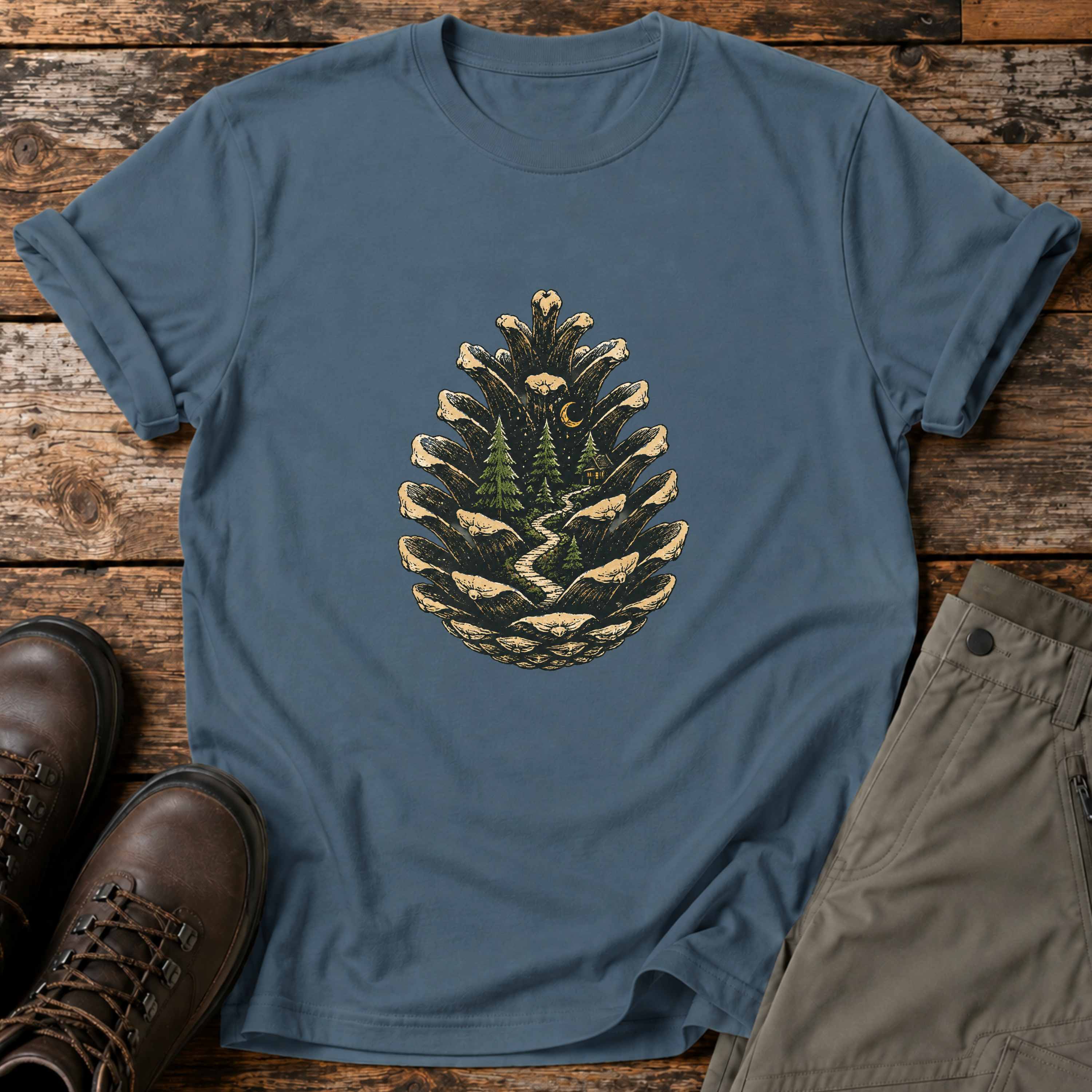 Tannenzapfen mit Waldhütte T-shirt