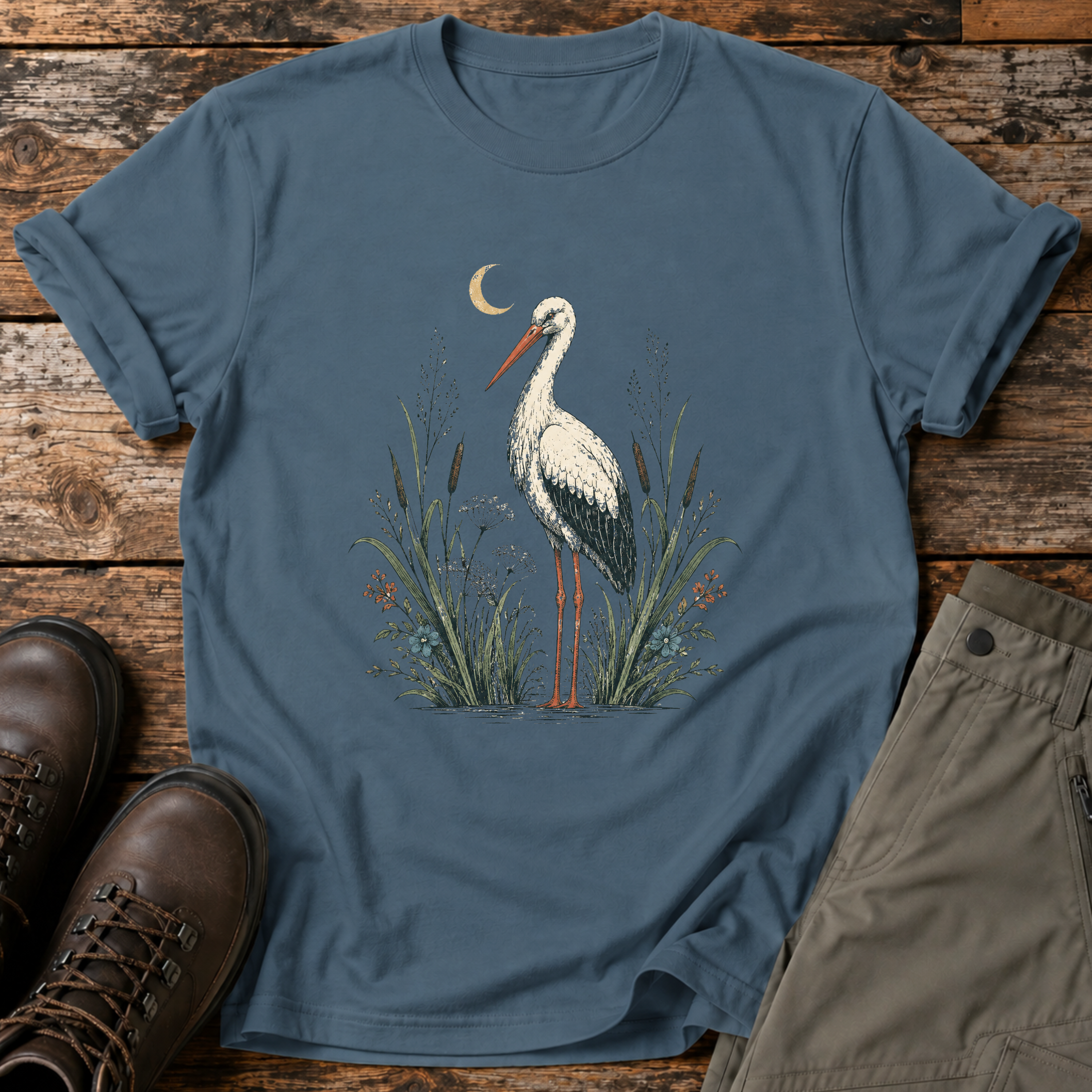 Storch im Schilf bei Nacht T-shirt