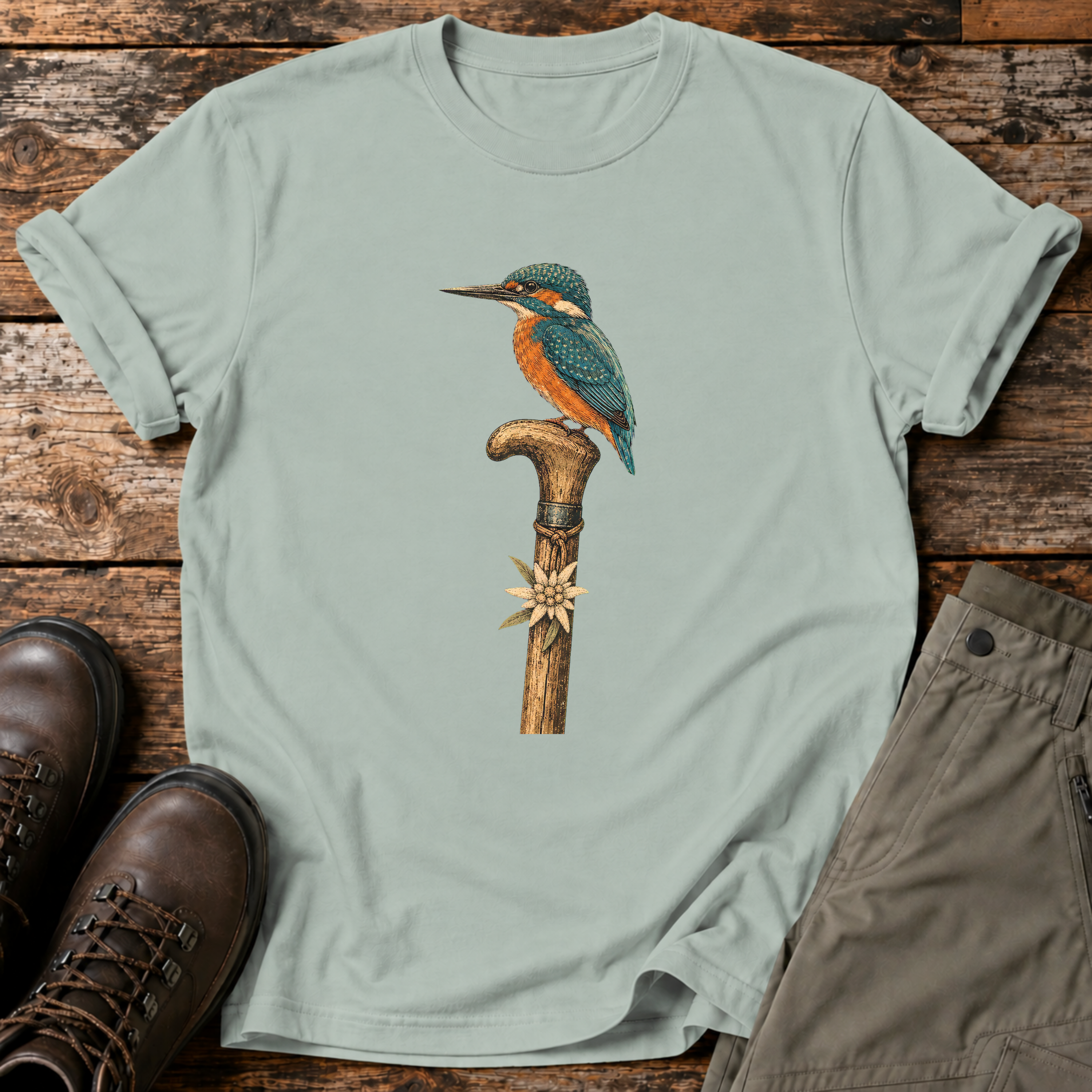 Eisvogel auf Wanderstock T-shirt