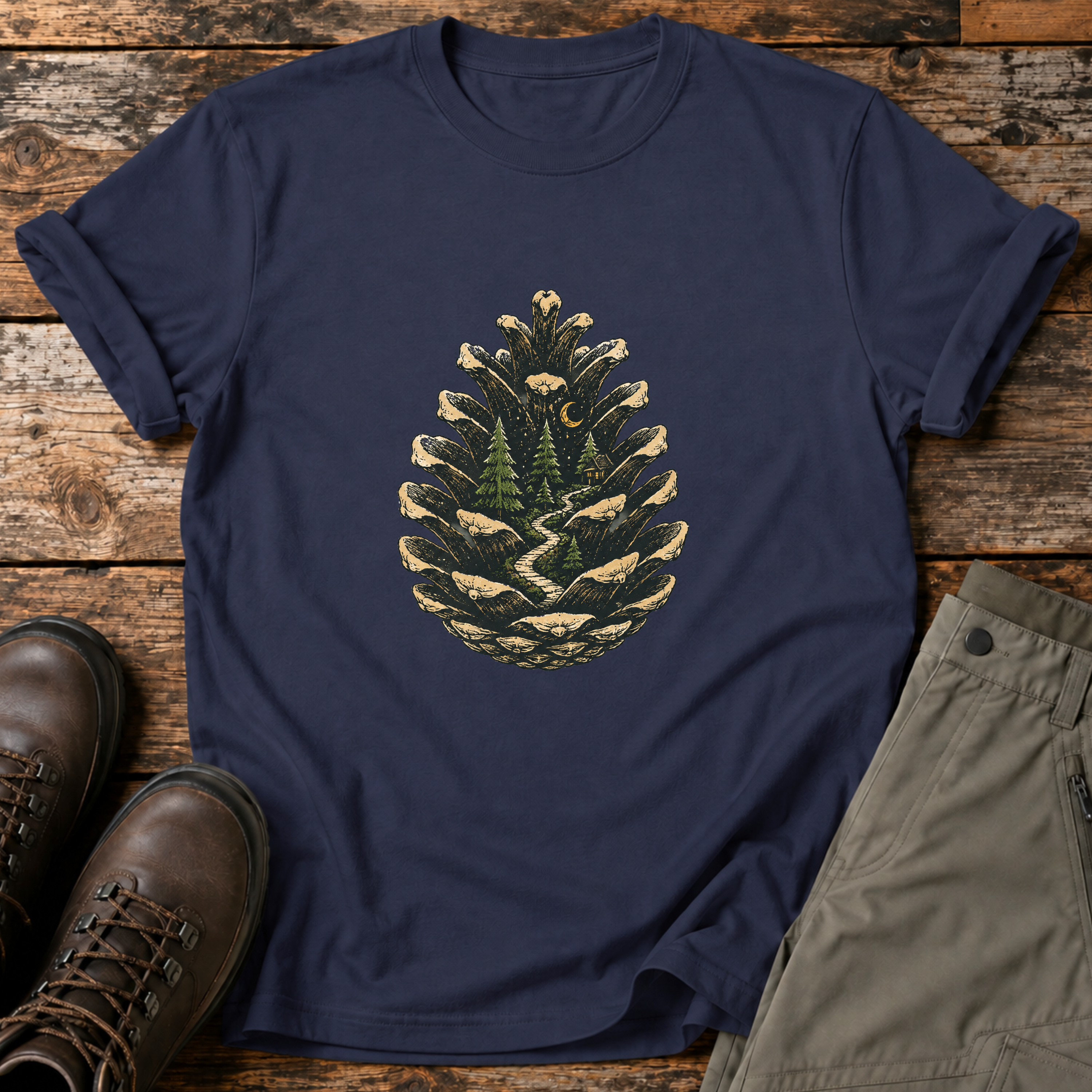 Tannenzapfen mit Waldhütte T-shirt