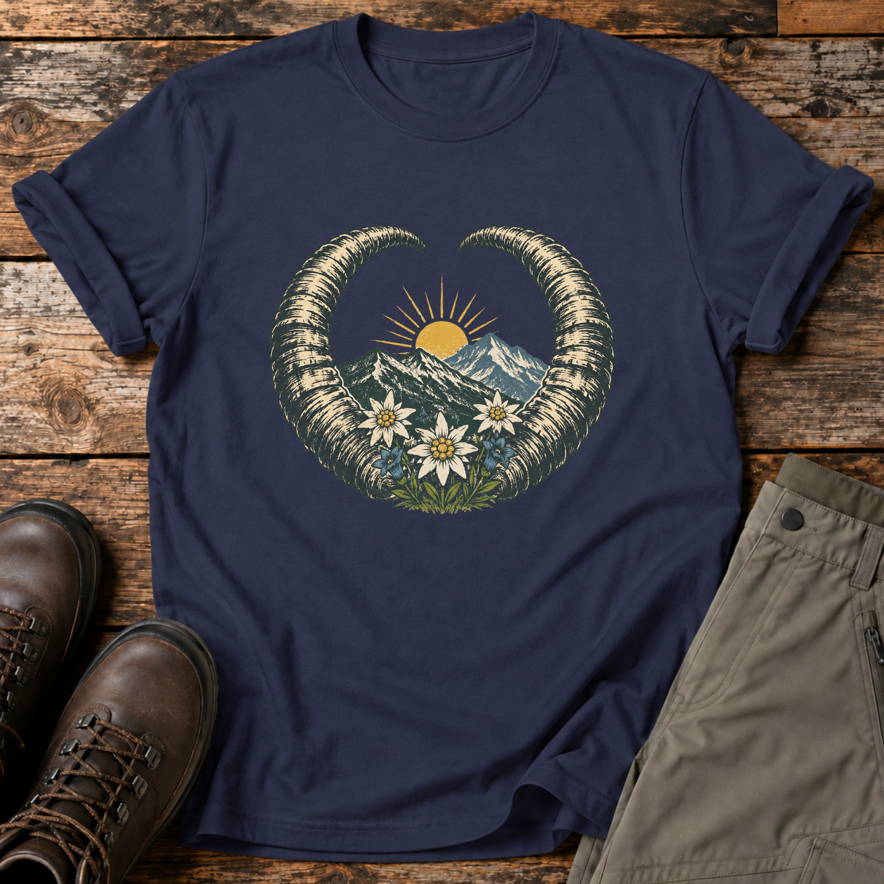 Steinbock-Hörner mit Edelweiß T-shirt